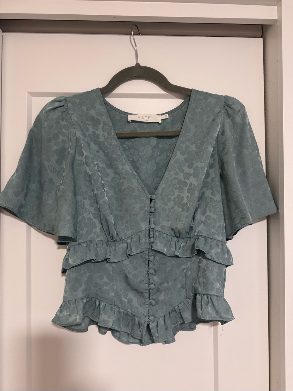ASTR The Label Teal Ruffle V-Neck Blouse